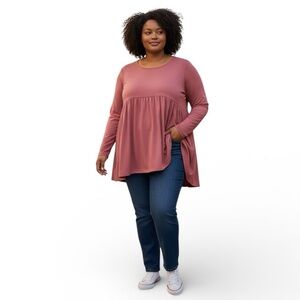 Zenana Premium Women’s 2X Baby Doll Long Sleeve Shirt Pink